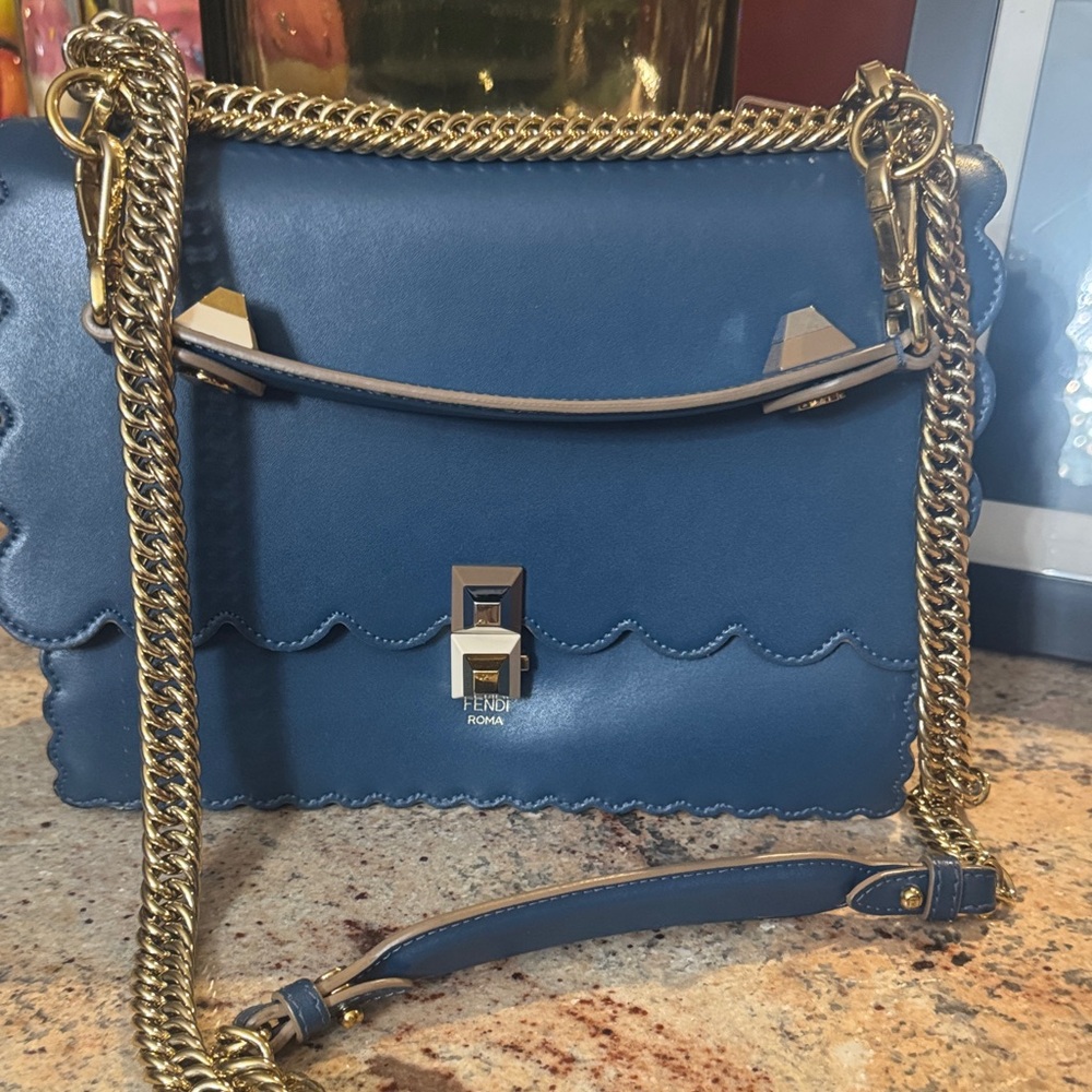 Fendi Leather  "Kan" Navy two way handle Bag with Gold Accent!
